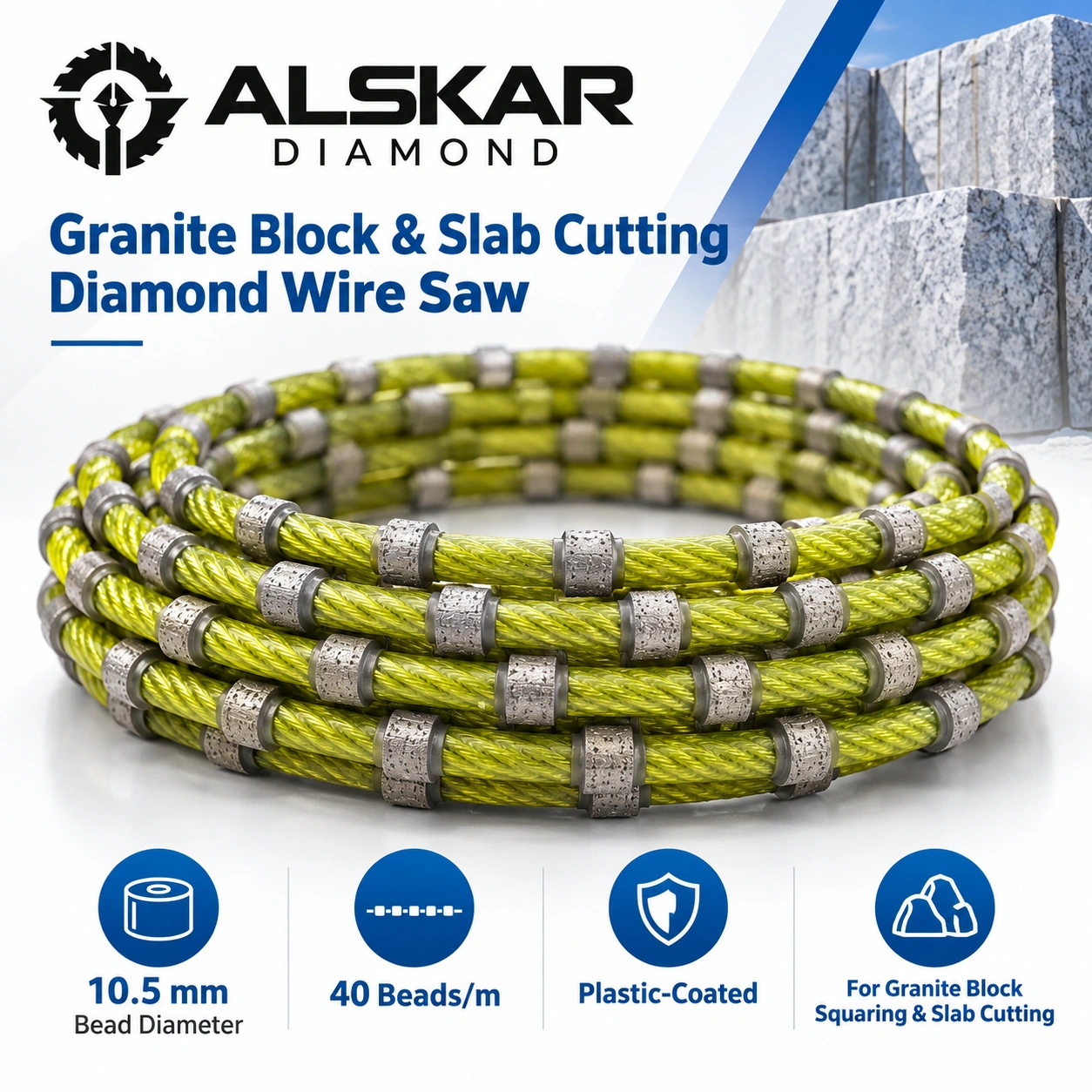 ALSKAR Granite Block & Slab Cutting Diamond Wire Saw, 10.5 mm, 40 beads per meter, plastic-coated