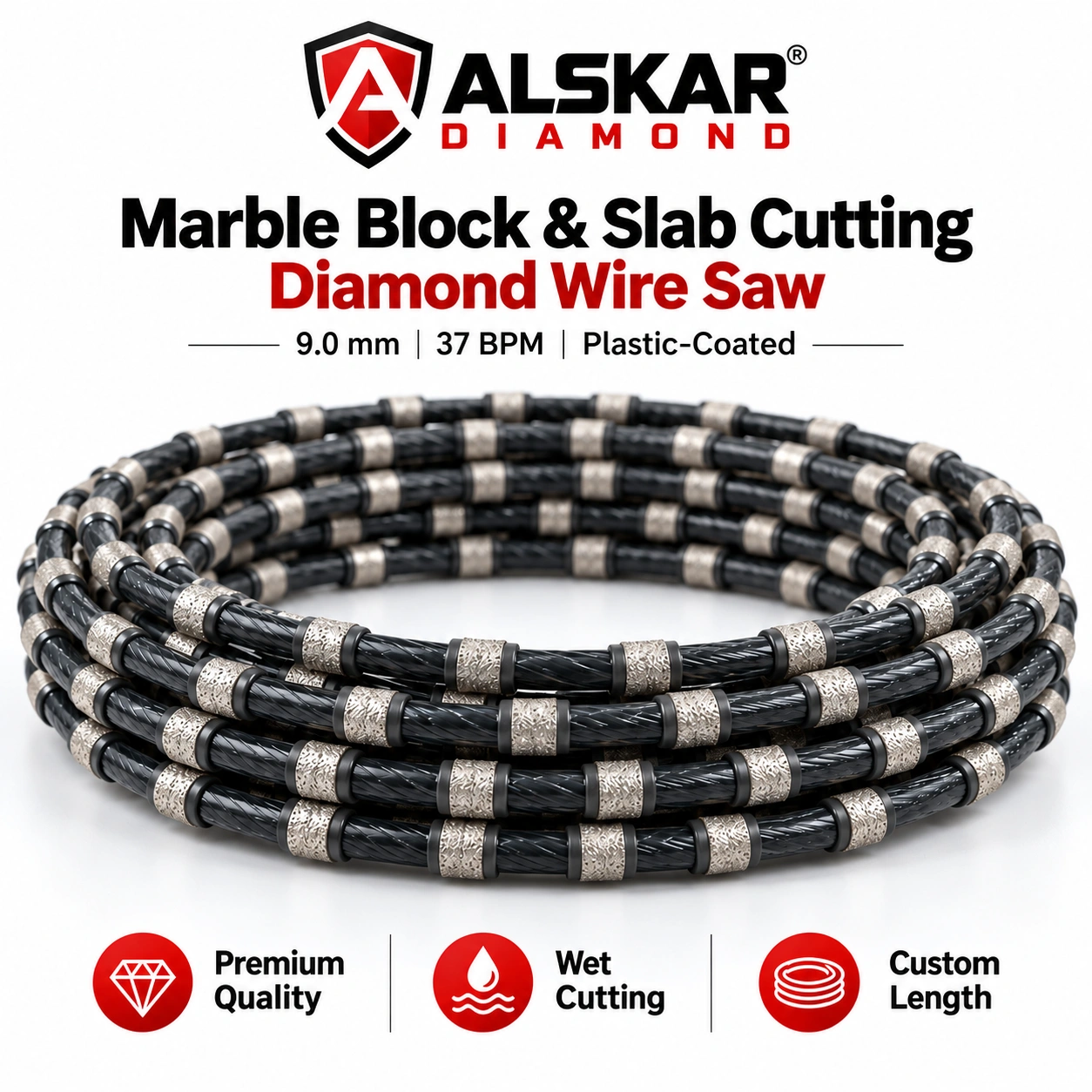 ALSKAR Marble Block & Slab Cutting Diamond Wire Saw, 9.0 mm, 37 beads per meter, plastic-coated