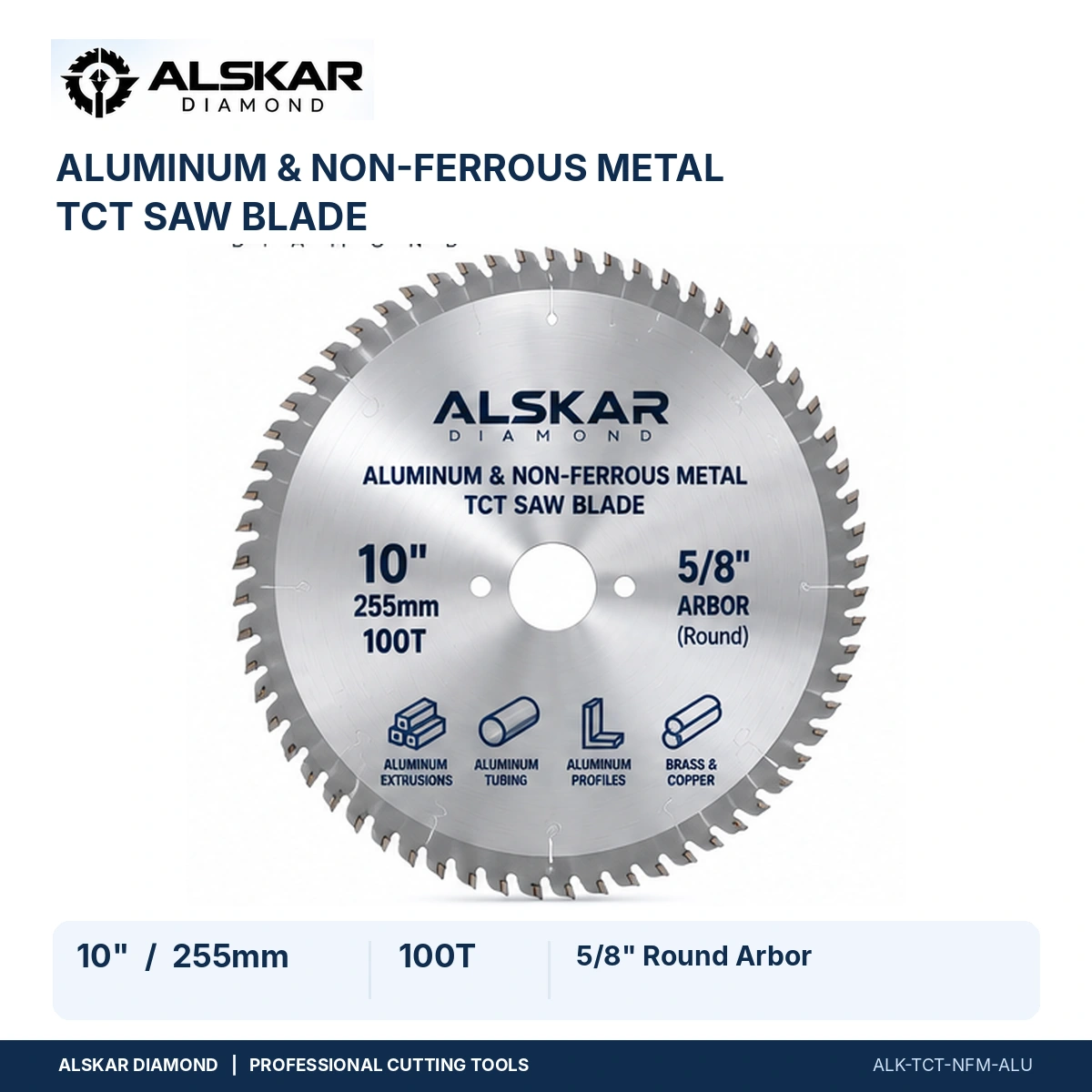 alskar-aluminum-tct-saw-blade-10-inch-100t-main Non-Ferrous Metal & Aluminum TCT Saw Blades – 60T to 100T - Image 1