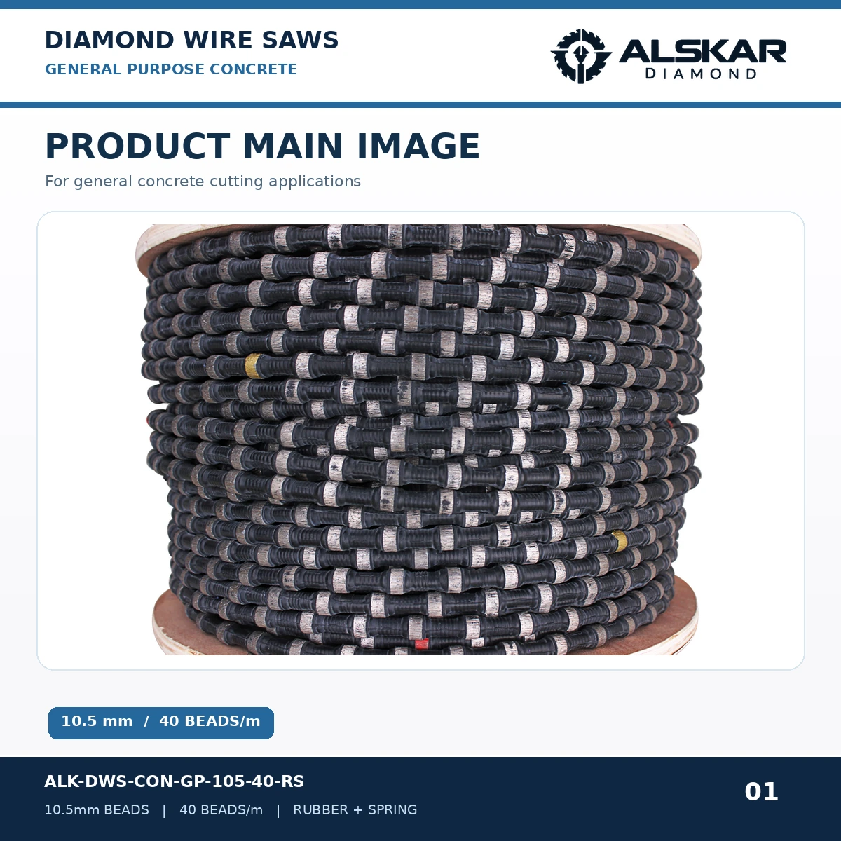 ALSKAR General Purpose Concrete Diamond Wire Saw, 10.5 mm, 40 beads per meter, rubber + spring